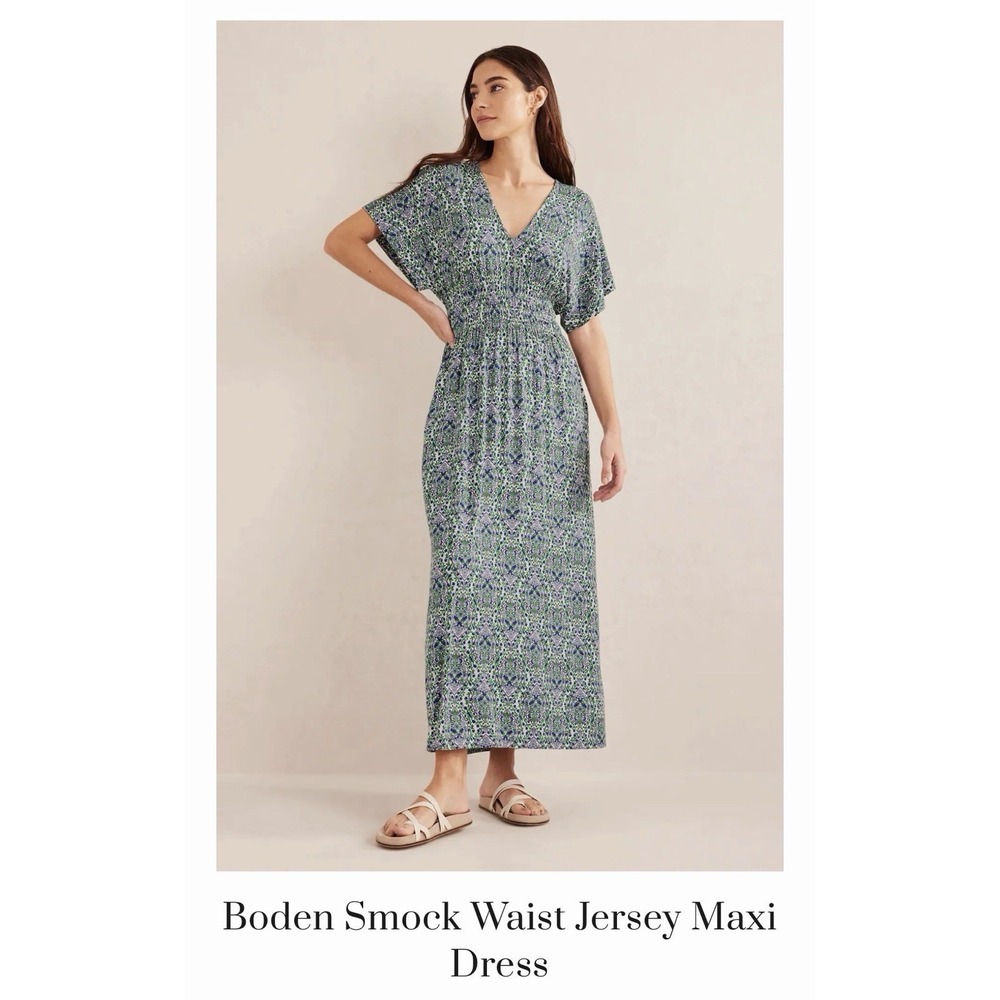 Boden Smocked Waist Jersey V-Neck Short Sleeve Floral Maxi Dress Size 4p